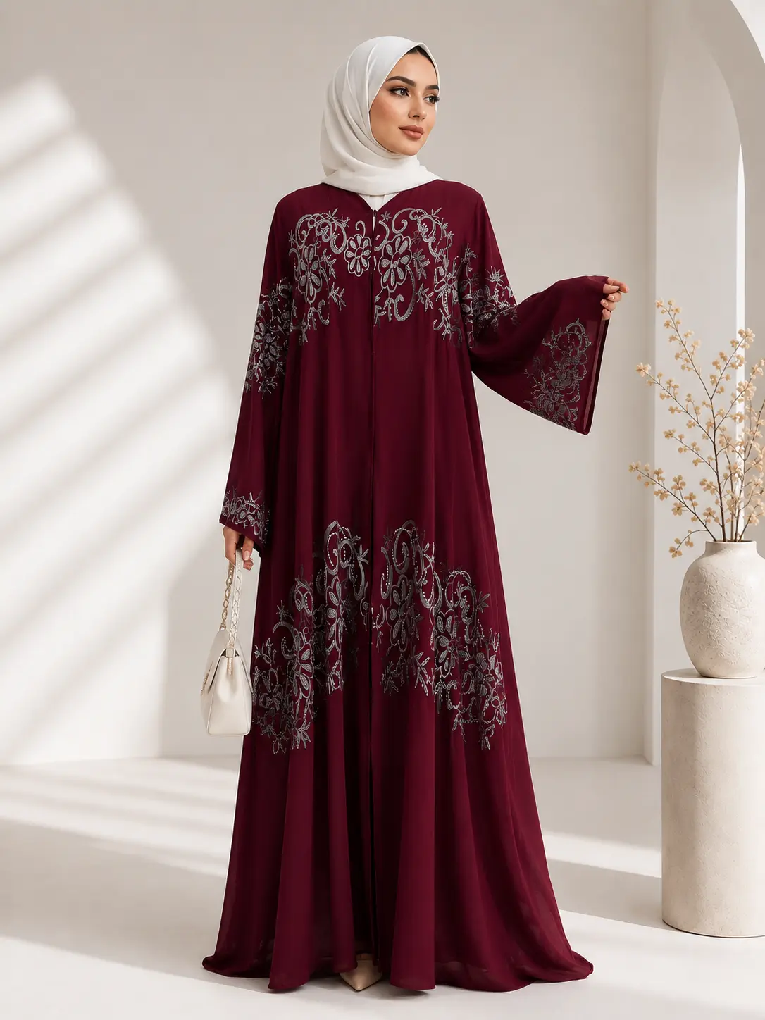 Women's Luxury Burgundy Floral Embroidered Rhinestone Abaya - Elegant Modest Islamic Dress, Size 60, for Special Occasions
