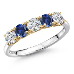 925 Silver and 10K Yellow Gold Lab Grown Diamond and Blue Created Sapphire Wedding-Bands Ring For Women | 1.31 Cttw | Round 4MM | Gemstone April Birthstone