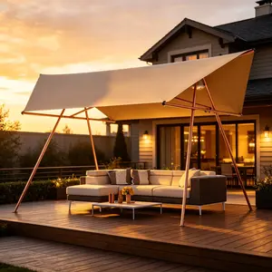 Light Khaki Hexagonal Shade Sail Canopy, 206"x118" Large Outdoor Sun Shade with UPF 50+, Waterproof High-Density Polyester Fabric, Brown Rust-Resistant Poles, Built-in Hooks for Patio Backyard