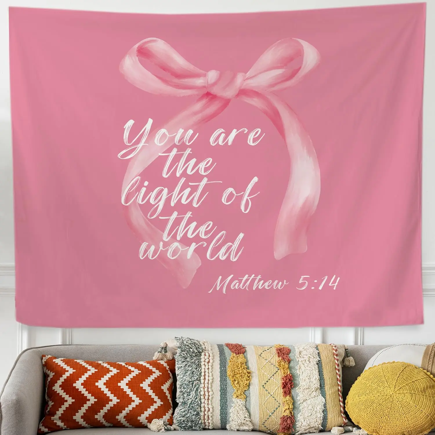 QROZIAR Coquette Pink Bows Tapestry for Bedroom, Bible Verse Wall Decor Christian Tapestry Wall Hanging, Pink Christian Gifts for Women, Be The Light Scripture Tapestry for Home Dorm, 50x60 incheschic design  room bedroom