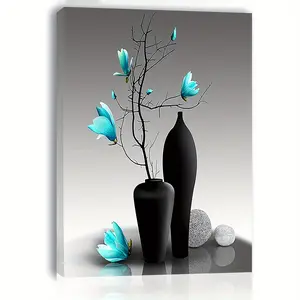 Turquoise Orchid Tropical Floral Framed Wooden Print, Modern Abstract Art, Home Wall Decoration for Living Room, Bedroom, Tropical Floral Print