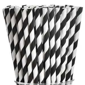 25 Black and White Striped Paper Straws, Biodegradable Disposable Barware Drinking Straws for Halloween, Christmas, Birthday, New Year, Party Decoration Supplies