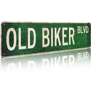 Old Biker BLVD Vintage Street 16x4 Inch Aluminum Metal Sign - Biker Style Wall Decor for Man Cave, Garage, Motorcycle Shop, Bar - Retro Tin Sign Gift for Bikers, Harley Fans and Motorcycle Enthusiasts