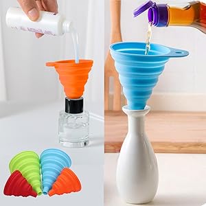 Kitchen Funnel Set 4 Pack, Small and Large, Kitchen Gadgets Accessories Foldable Silicone Collapsible Funnels for Filling Water Bottle Liquid Transfer Food Grade