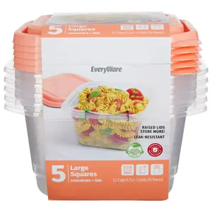 EveryWare 5.2-Cup Large Square Food Storage Containers With Lids, Set of 5 Orange