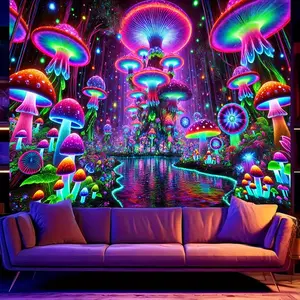1pc UV-reactive mushroom forest tapestry. Glows under blacklight, includes free installation kit. Perfect for Halloween, room, or party decor. High-quality polyester, flat design.