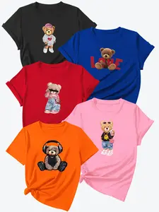 Women's Letter Element Heart Bear Print Short Sleeve Fitted Top, Blue High-Quality Sporty Casual Streetwear Shirt Set of 5