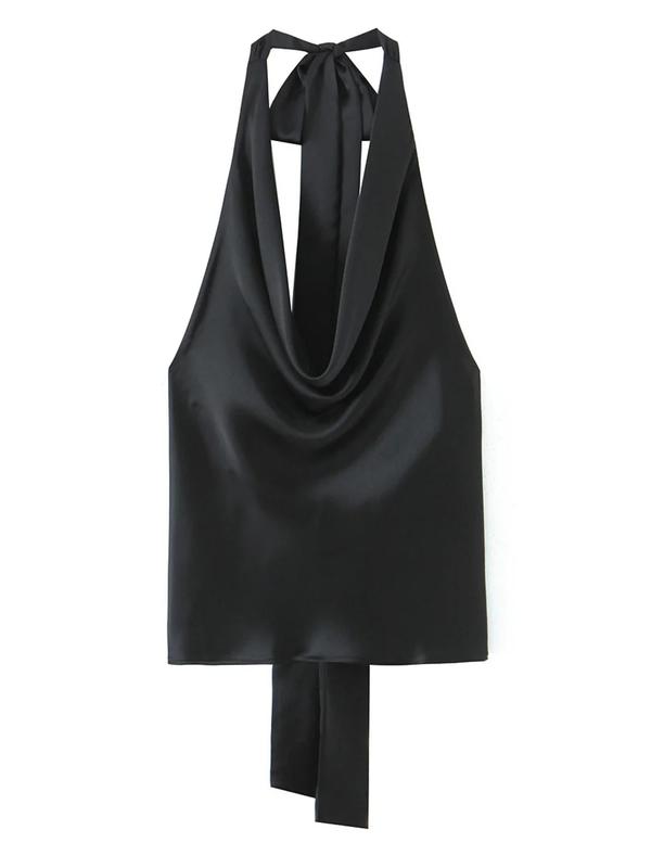 Women's Backless Satin Top, Loose-Fit Thin Fabric, Summer Sleeveless Blouse, Elegant Neckline Design, Perfect for Casual Wear
