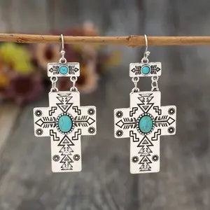 Vintage Bohemian Tribal Cross Turquoise-Inlaid Long Alloy Dangle Earrings, Ethnic Silver Tone Statement Jewelry for Women, Handmade Boho Chic Festival Accessories