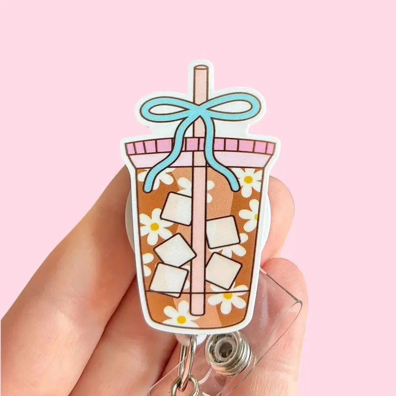 Glitter My Badge Cute girly ice coffee badge reel for nurse and hospital workers. Badge clip Badge pull - Retractable swivel clip with a 360 rotation. Great gift for coworker.
