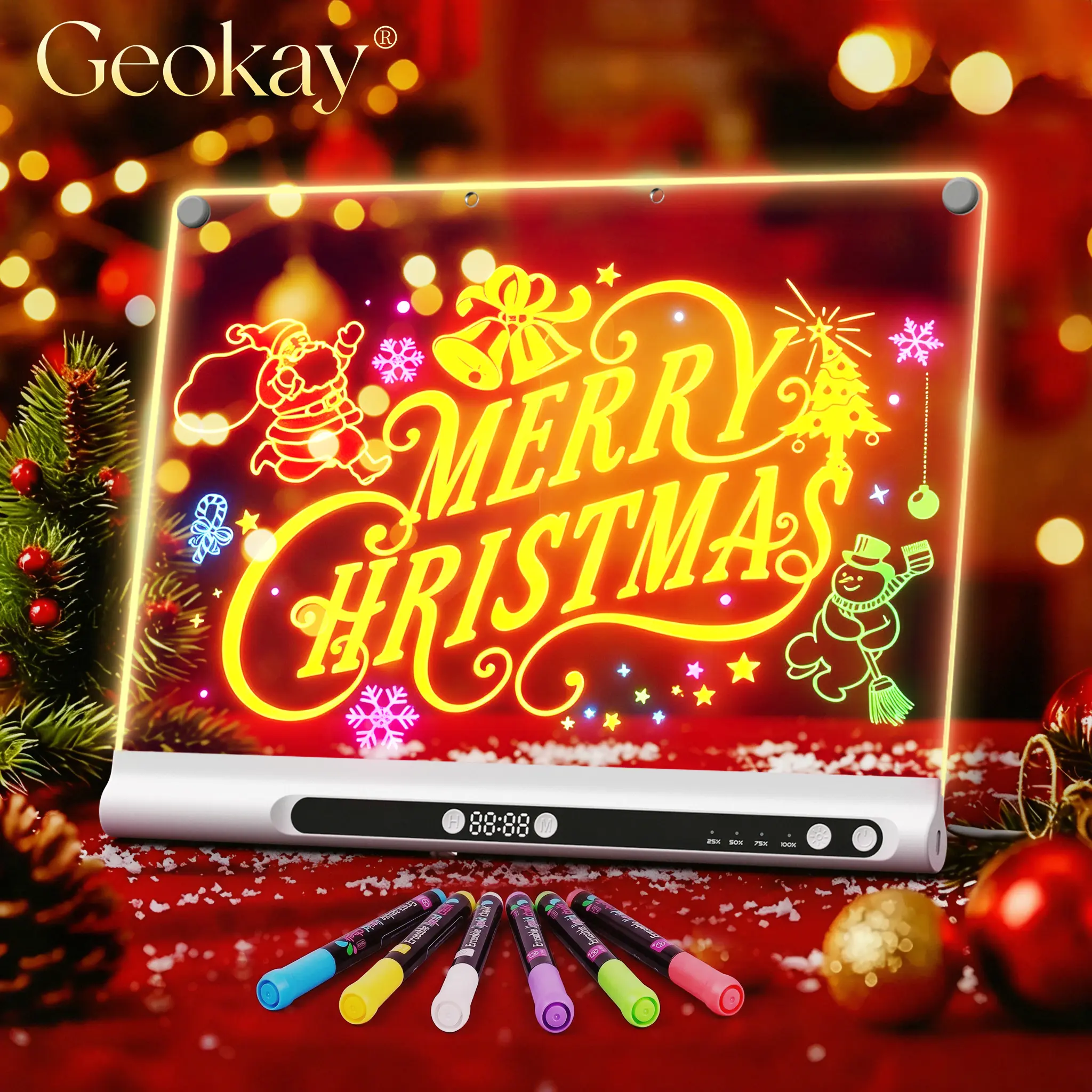 GEOKAY Rechargeable Versatile LED Drawing Board for Kids - 16" Large Creative LED Dry Erase Pad, 9 RGB Colors, 6 Dynamic Modes, Tracing Book, 8 Markers, USB-C, Silicone, Spray Bottle, Back to School Gift