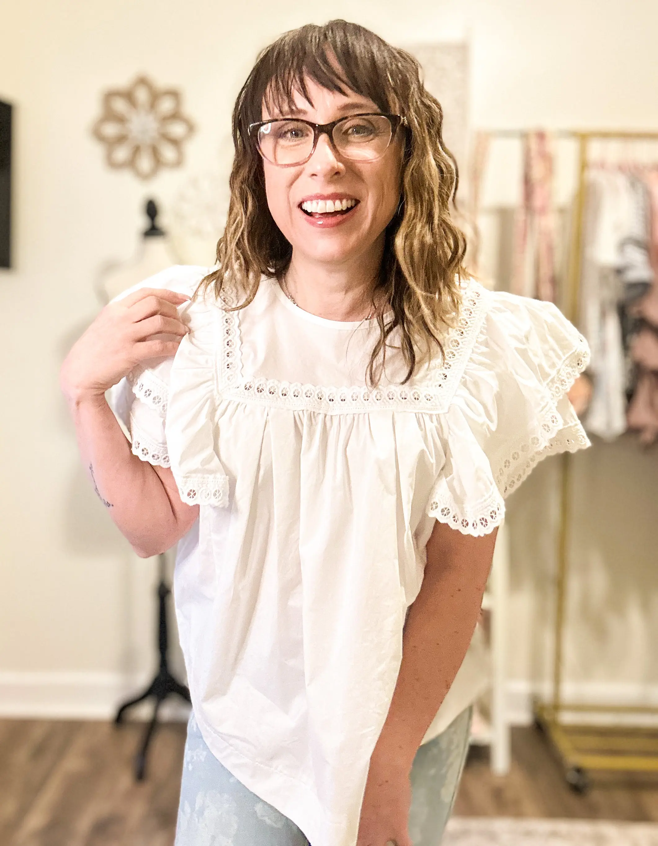 Crochet Lace Ruffle Peasant Top - White