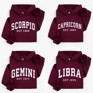 (LEAVE A NOTE or DM SHOP) Custom Zodiac Hoodie with Est Year - Maroon, Cute Horoscope Astrology Graphic Hoodie, Unisex Crewneck Hoodie, Personalized Zodiac Energy Gift for Birthday, Star Sign Lovers, Celestial Hoodie - AL