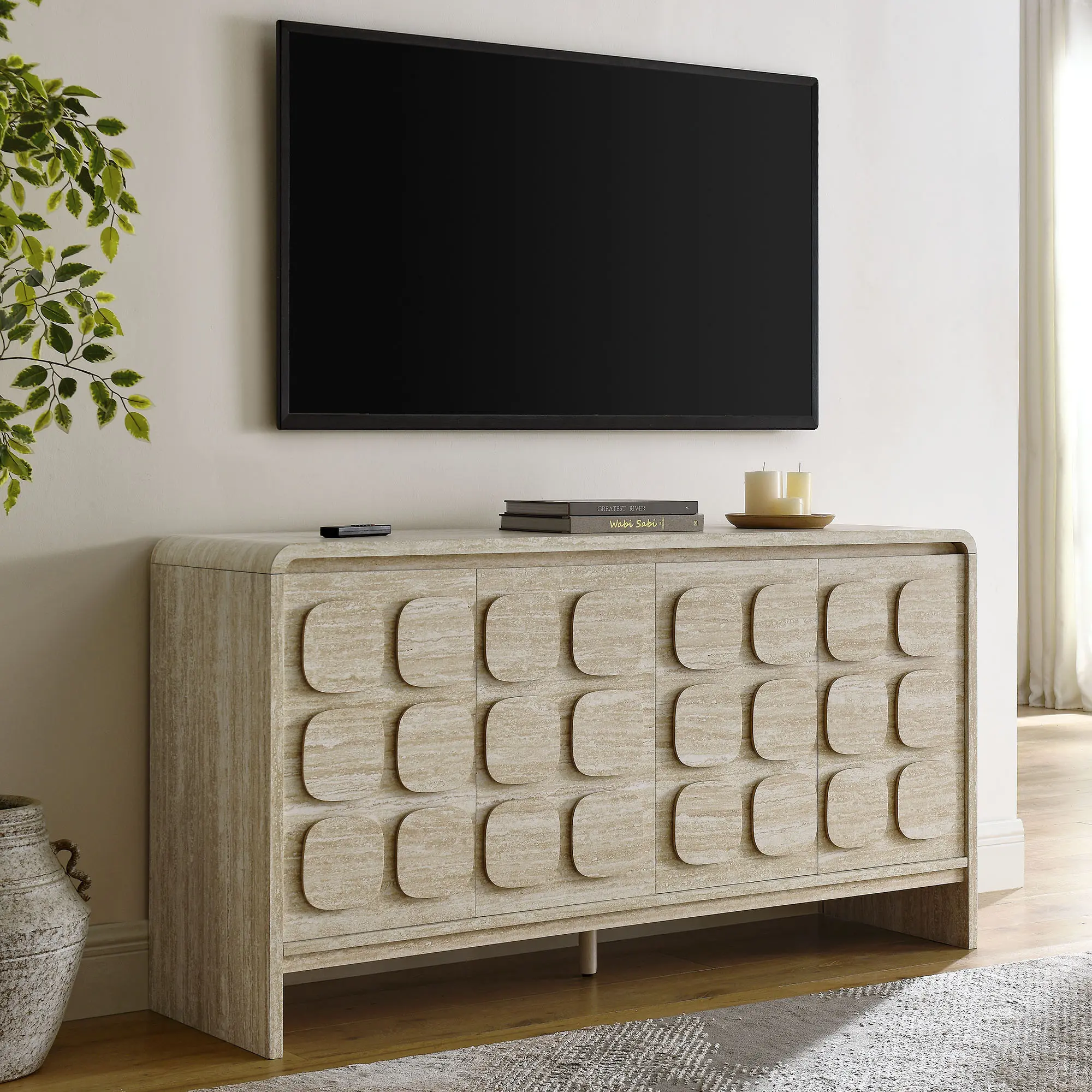 Toscana 61" Travertine Sideboard, Indoor Furniture Tv Cabinet, Storage Cupboard