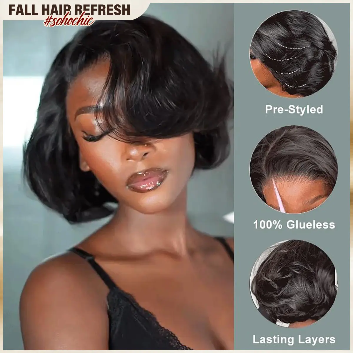 [Fall Must-Have] BGMgirl Blowout Short Bob Straight 7x5 Lace Wear Go Pre-Styled C-Part Wig Pre-Bleached Tiny Knots Natural Black Glueless 100% Human Hair Wig Brown Highlight fall color wigs human hair #sohochic #black friday