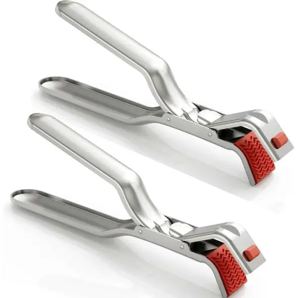 2 Pack Stainless Steel Plate Gripper Tongs, Anti Scald Bowl Holder Clip, Hot Dish Lifter for Microwave, Air Fryer, Oven & Steamer, Heat Resistant Kitchen Plate Clamp with Non-Slip Grip