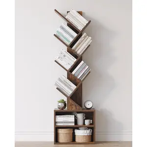 6 Tier Tree Bookshelf, Small Bookcase with Storage Cabinet, Modern Tall Narrow Bookshelves Organizer, Floor Standing Book Shelf for Bedroom/Living Room/ Office/Corner, Rustic Brown