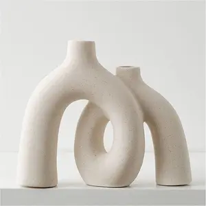 Hug Donut Decorative Vase Set - Modern Nordic Boho Style Vases Home Decor, Matte Ceramic Decorations for Living Room Shelf, Bookshelf Mantle Entryway Table or Console Decor (Cream White)