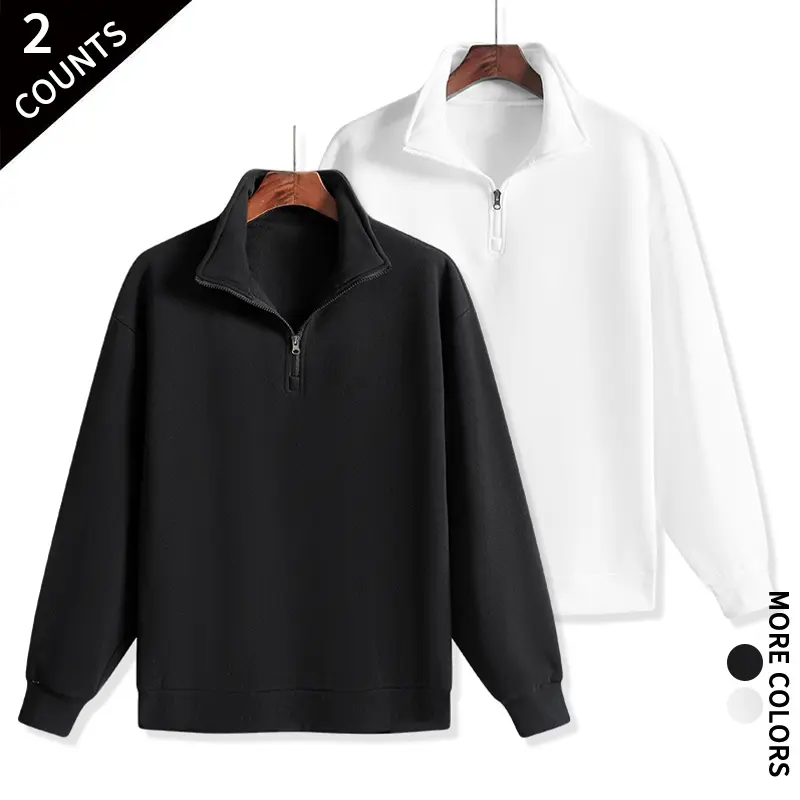 2‑Pack Men Quarter Zip Pullover Sweatshirt Breathable Long Sleeve Stand Collar Tops For Gym Work Travel Home Casual Clothing