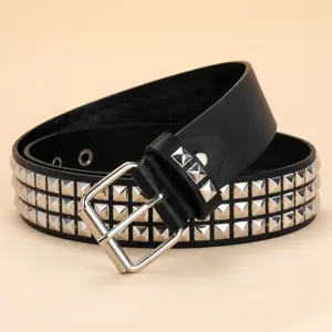 Unisex Black PU Leather Belt - Punk Rock Rivet Studs, Bright Metal Pyramids, Grommet Threads - Men's Casual Wear Accessory, Men's Accessories