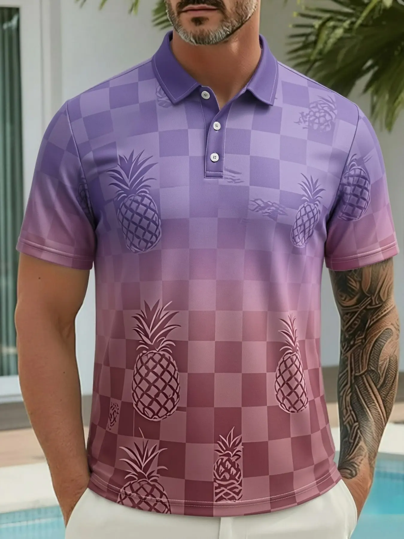 Men's Fruit Hawaiian Style Tropical Short Sleeve Polo Shirt, Casual Collared Holiday Top, 3D Print Button Polo, printed polo shirts, Summer Fashion