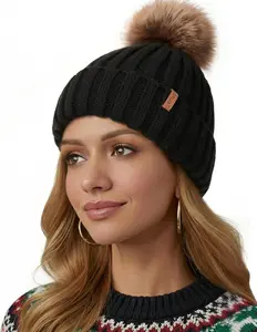 Winter Beanie Hats for Women Fleece Lined Pom Pom Knitted Warm Beanie Caps