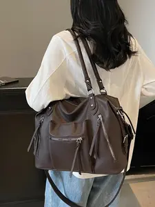 Ladies' Shoulder Bag, PU Tote Satchel, Fashionable Simple Casual Retro Design, Solid Color Large Capacity Durable Versatile Handbag for Daily Use