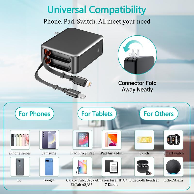 35W Retractable Wall Charger with Dual Cables & 3-Port Hub, Fast Charging for iPhone 16/15/14/13/12/11, iPad, Samsung, LG & More