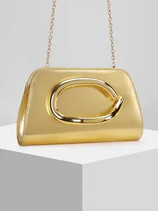 Retro minimalist oval gold buckle one-shoulder underarm bag, bright texture  simple exquisite bag, light luxury retro metal decoration, party commuting  versatile personality  fashion one-shoulder dinner bag Handbag Shoulder Purse