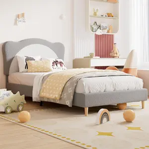 Panda Princess Kids Bed Frame Cute Velvet Upholstered Platform Bed with Solid Wood Slats No Box Spring Needed Modern Princess Bed for Girls Boys Room Decor