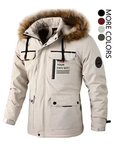 Men's Letter Print Patched Pocket Zipper Jacket, Regular Fit Casual Long Sleeve Drawstring Hooded Outerwear for Fall & Winter, Men's Clothes for Daily Wear