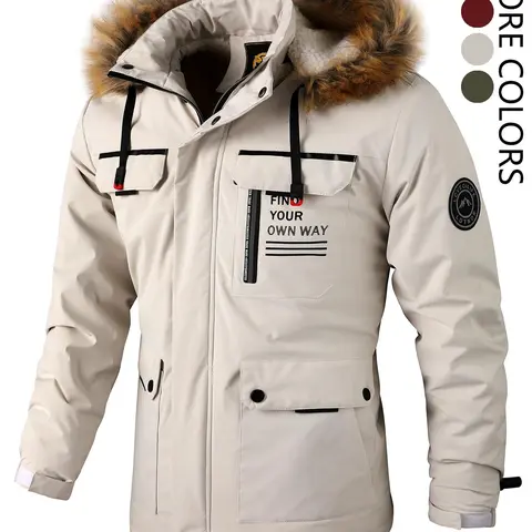 Men's Letter Print Patched Pocket Zipper Jacket, Regular Fit Casual Long Sleeve Drawstring Hooded Outerwear for Fall & Winter, Men's Clothes for Daily Wear