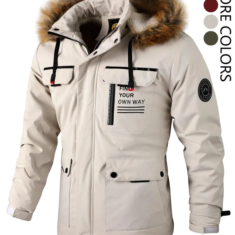 Men's Letter Print Patched Pocket Zipper Jacket, Regular Fit Casual Long Sleeve Drawstring Hooded Outerwear for Fall & Winter, Men's Clothes for Daily Wear
