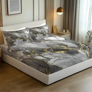 3PCS Luxury Gray Gold Marble Fitted Sheet Set, Modern Abstract Fluid Art Bed Sheet Set, Soft Microfiber Bedding Set No Fillers, Gold Foil Print Mattress Cover for Bedroom Living Room Dorm,All Season