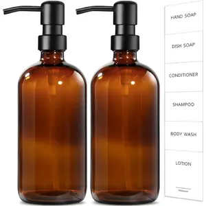 Amber Glass Soap Dispenser, 2 Pack Bathroom Hand Soap Dispenser with Stainless Steel Pump, 16 Oz Kitchen Hand and Dish Soap Dispenser Set, Modern Vintage Liquid Brown Soap Dispensers Bottle