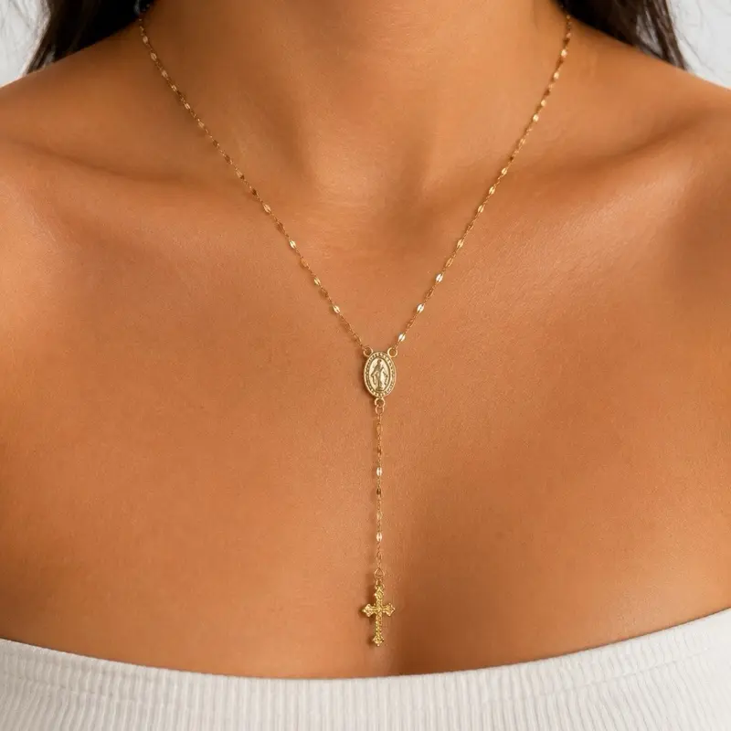 Gold Lariat Rosary Necklace, Miraculous Medal Cross Pendant, Dainty Religious Jewelry