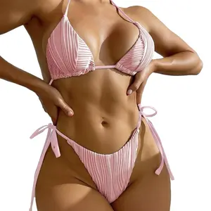 YF Women Light Pink Vertical Ribbed Texture Bikini Set Halter Triangle Top Tie Side High Cut Swimwear for Beach Vacation
