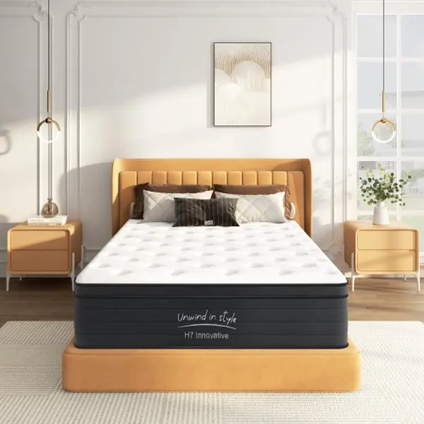 12 Inch Twin/Full/Queen/King Hybrid Mattress with Pocket Coils, Medium Firm, Pressure Relief, Motion Isolation, Cooling, CertiPUR-US Certified, Fiberglass Free,(White+Black)