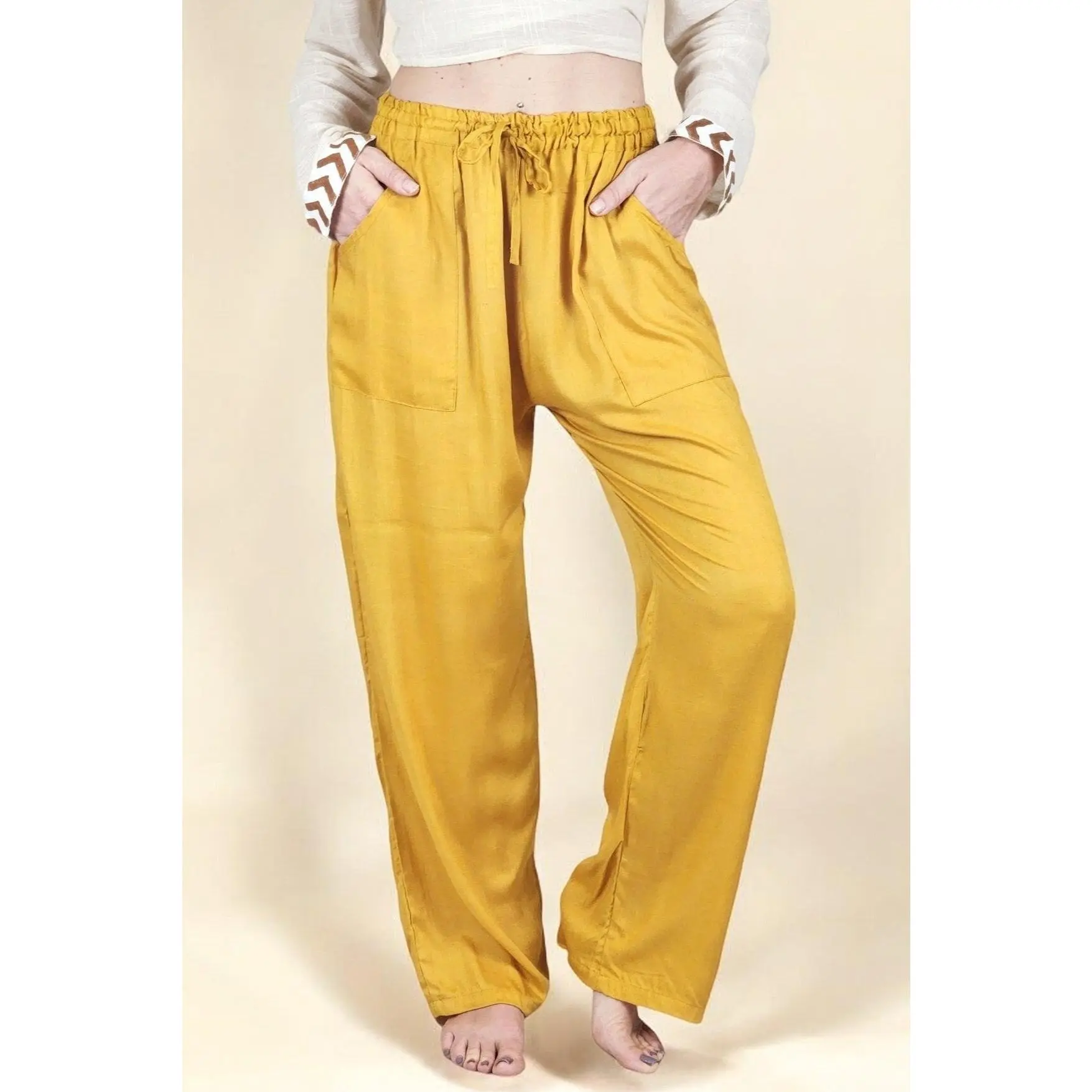Sustainable Rayon Trousers Turmeric Loose Fit All Seasons Casual Breathable Soft Cotton Fabric Adjustable Waistband Earthy Comfort Womenswear