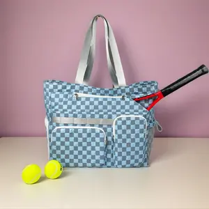 NEW Versatile Checkboard Work Tote Bag Multifunctional Tennis Rackets Bag Tote Bag Large Capacity Travel Sport Gym Bag for Women Outdoor Sports Training Court Handbag Blue,Mother's Day Gift