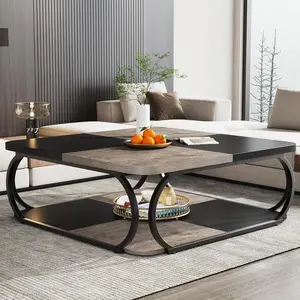 Tribesigns Coffee  39 Inch Large Wood Center Square Low Tables 2 Tier Farmhouse Tea Metal Frame Home Office, Black Rustic Grey RGB LED Floating TV Stand santa clara furniture