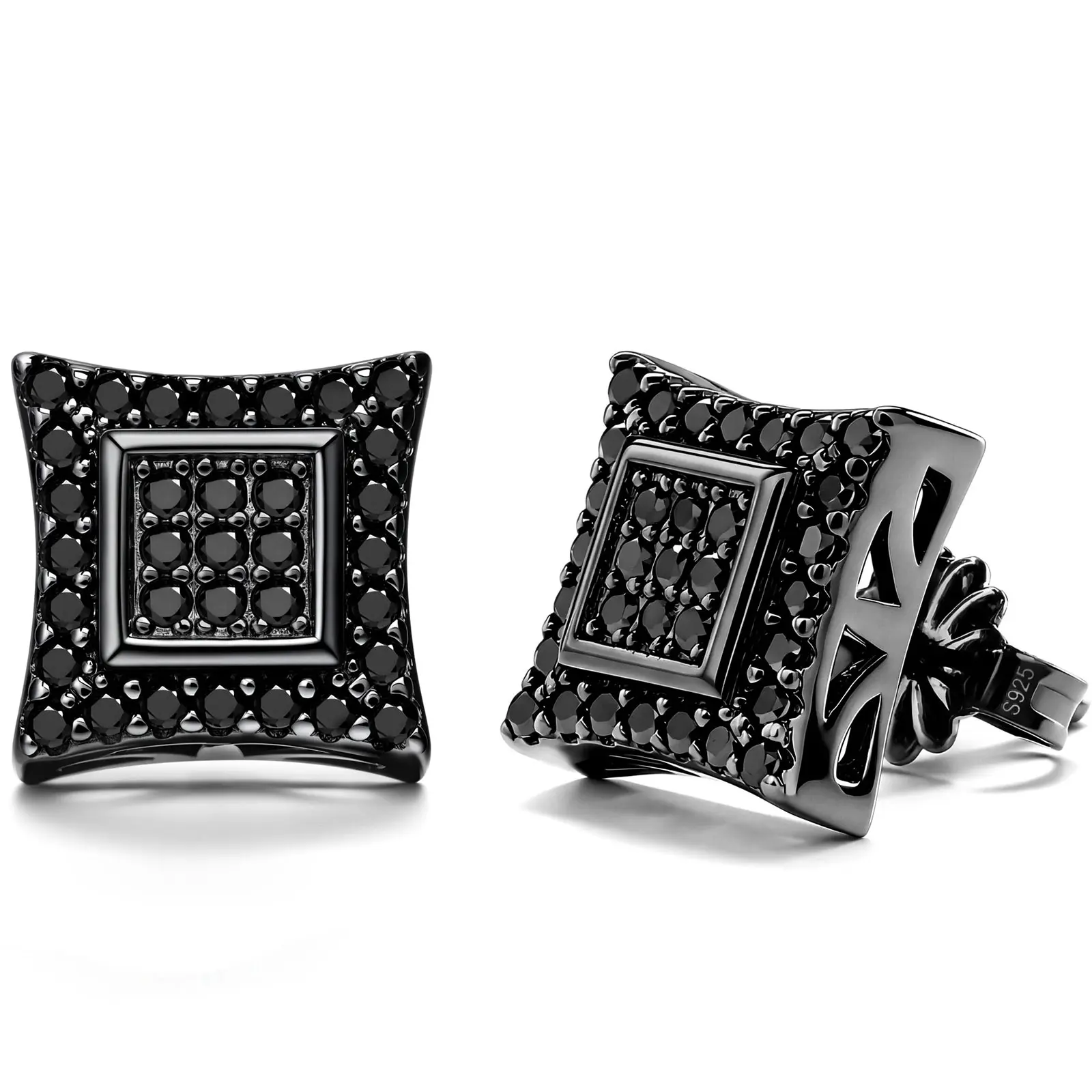 Heinlov Moissanite Mens Stud Earrings 925 Sterling Silver Black Geometric 66 round stones 0.5ct total Moissanite 925 sterling silver square mens stud earrings 3.52g layered pavé design bold style