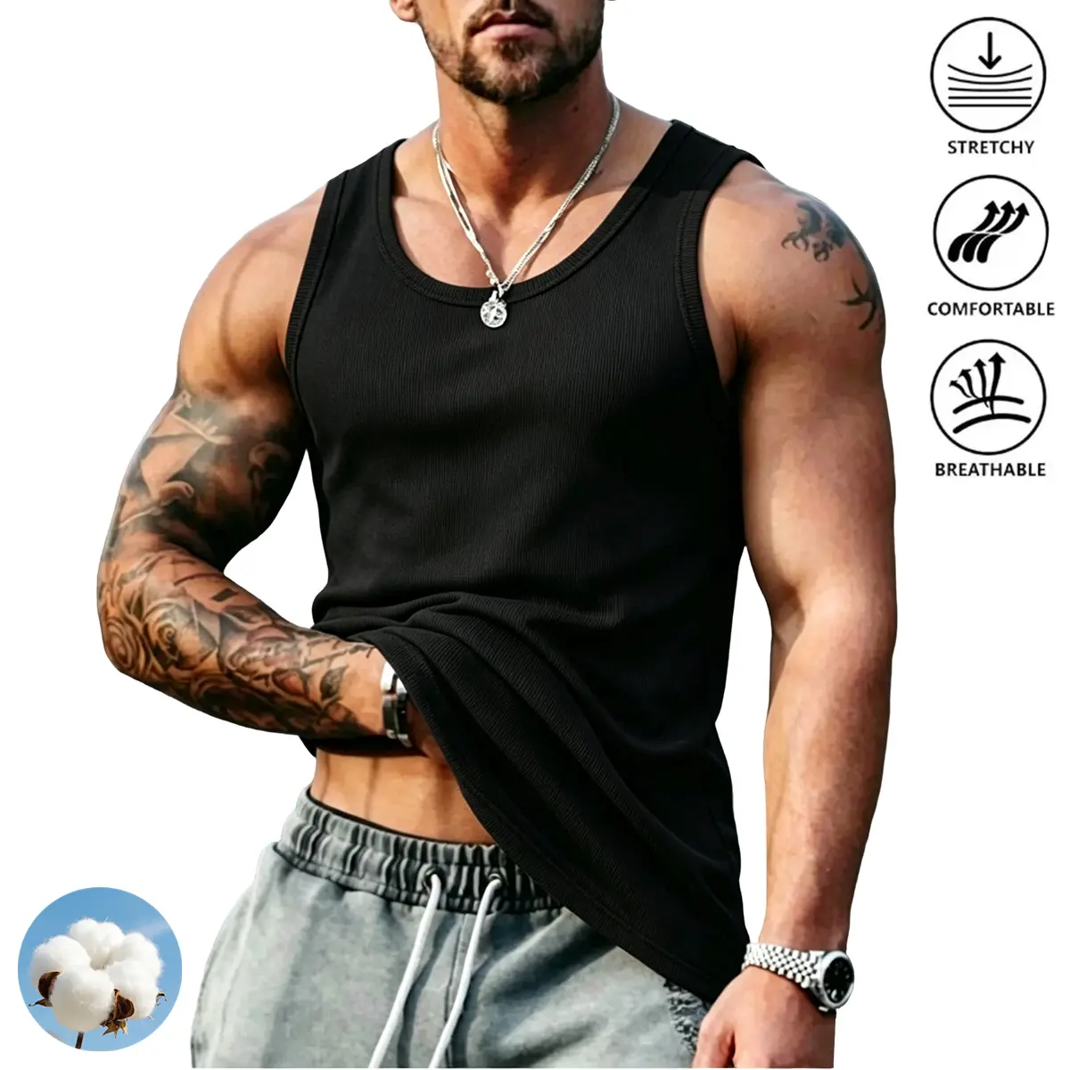 Men's new layered tank top – 50% cotton, 50% spandex.Ultra soft, breathable, and stretchy.Skin-friendly sleeveless tank top, suitable for layering in autumn and winter.Suitable for fitness, leisure, travel, or everyday casual wear.Lightweight and moisture
