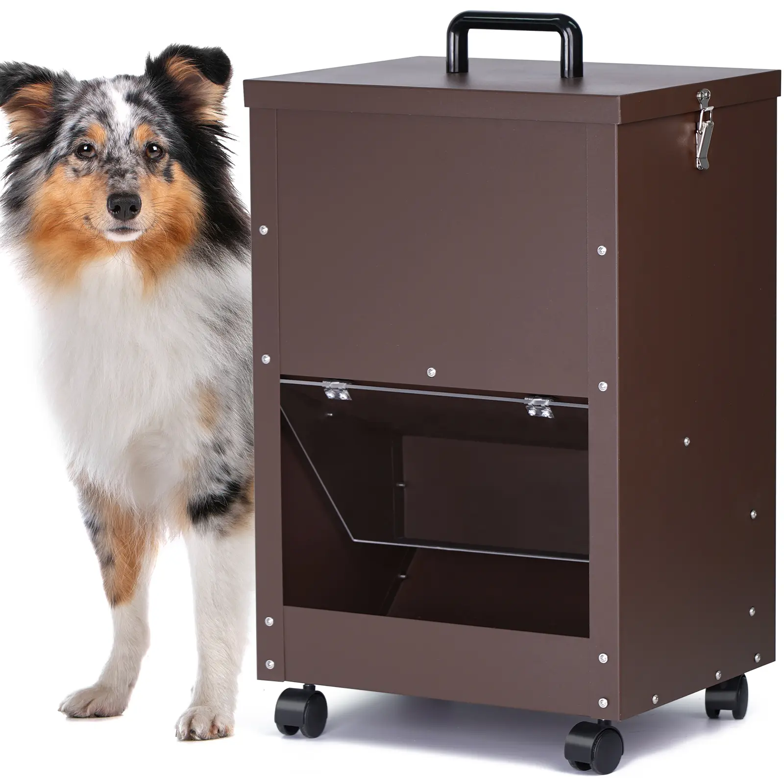 50lbs Stainless Steel Automatic Pet Feeder - No Electricity Needed, Non-Smart, Large Capacity, Wheel-Equipped for Easy Movement, Wall-Mounting Design for Indoor Use, Ideal for Multi-Pet Dog & Cat Families