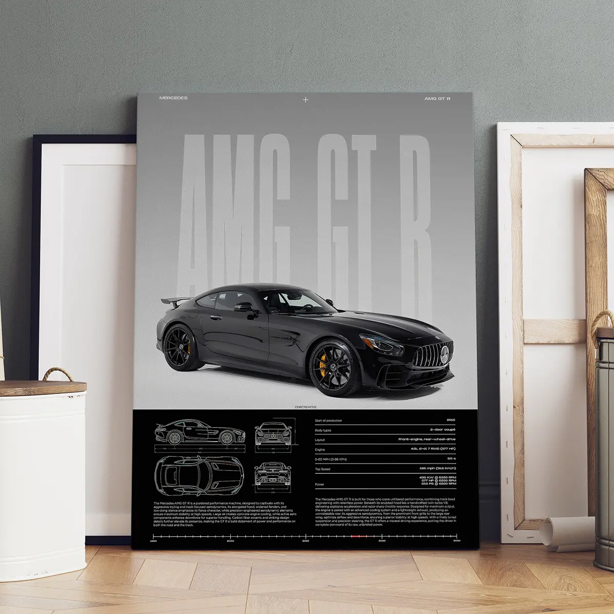 1 Count Wooden Framed Canvas, Mercedes - AMG GT R Poster, Modern Art, Art Work For Wall Decor, Living Room Bedroom Decoration, Hallway Office Mural, Kitchen, Home Poster, Ideal Gift, High Definition, Waterproof, Decorative Artwork, Wooden Wall Art
