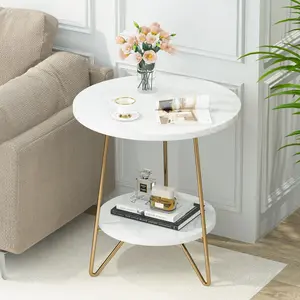 Spaco Faux Marble End Table,  Round Side Table with Shelves, Modern Gold Nightstand Bedside Table Small Coffee Accent Table for Living Room Bedroom
