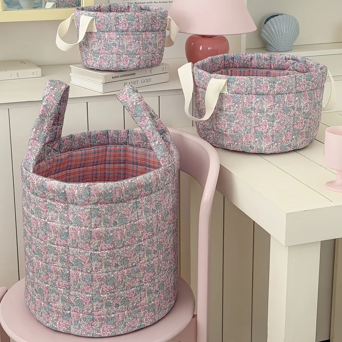 TJHome Vintage Floral Quilted Storage Basket, Portable Fabric Laundry Hamper, Cute Handle Organizer Bin for Toys Clothes, Standing, Bedroom Organizer, Flowers, Room Accessories, Polyester, Basket Organizer