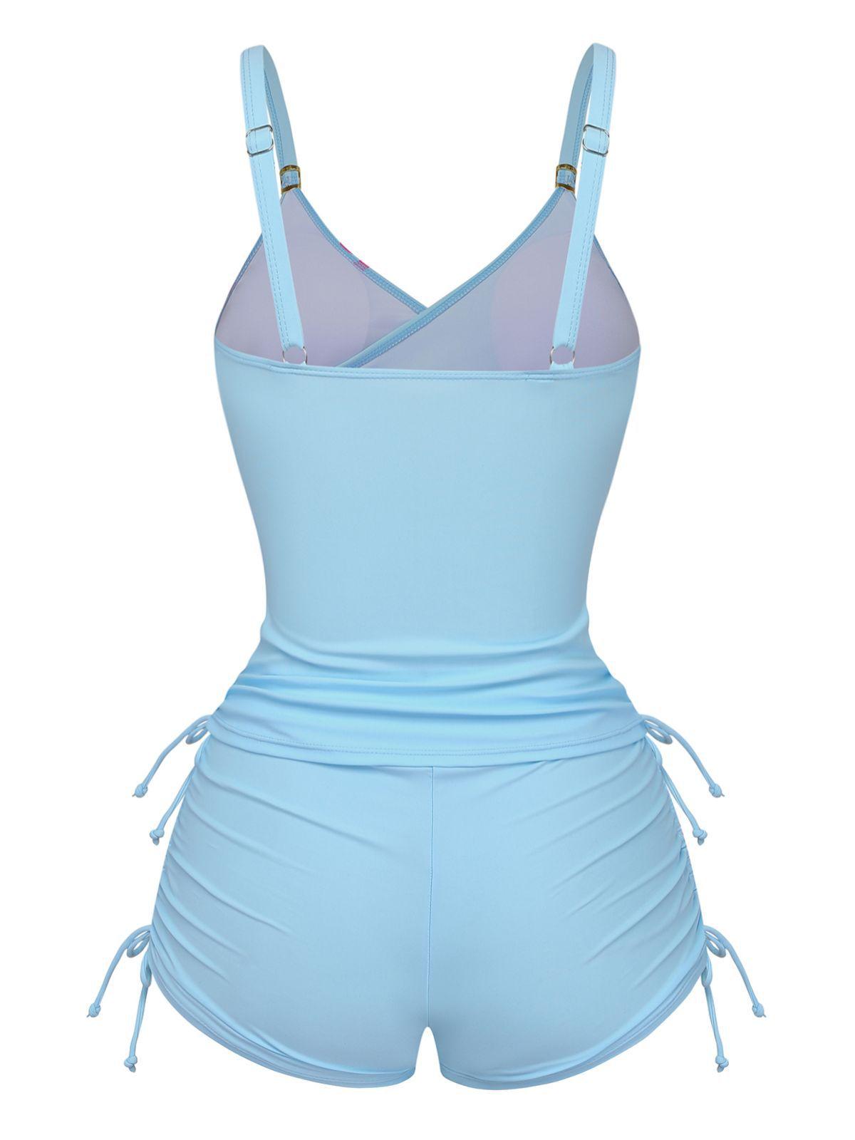 1950s Lily Floral Solid Lace-Up Tankini Shorts Set