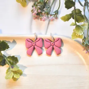 Pink Bow Earrings – Handmade Polymer Clay Statement Earrings with Pearl Stud Hoops – Coquette Earrings – Lightweight Gift for Her – Cute Girly Aesthetic Earrings – Trendy Earrings – Cottagecore Jewelry – Valentine’s Day Gift Clean High Quality Women's