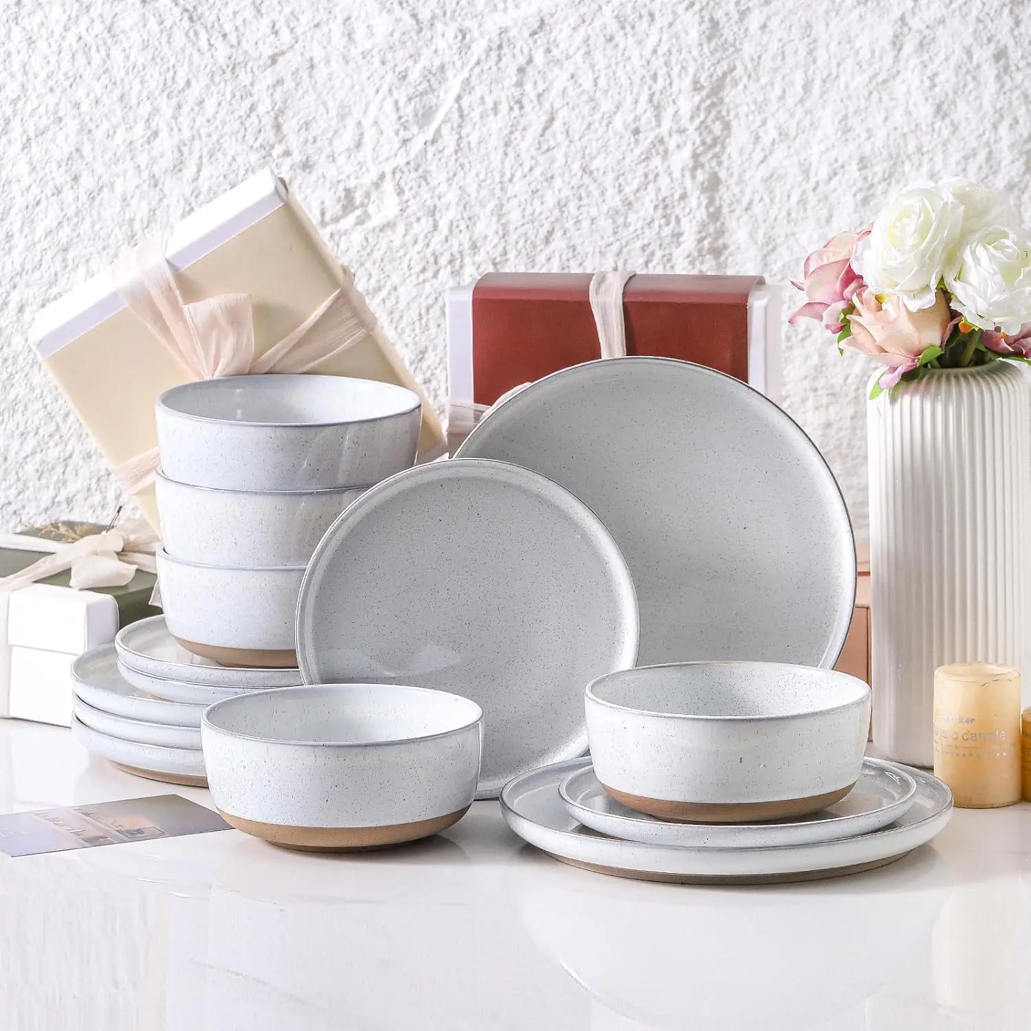 Speckled Dinnerware Set for 6, Ceramic Plates and Bowls, Minimalist White Tableware for Family Dinner, Hosting Guests and Everyday Kitchen Dining, Microwave Dishwasher Safe